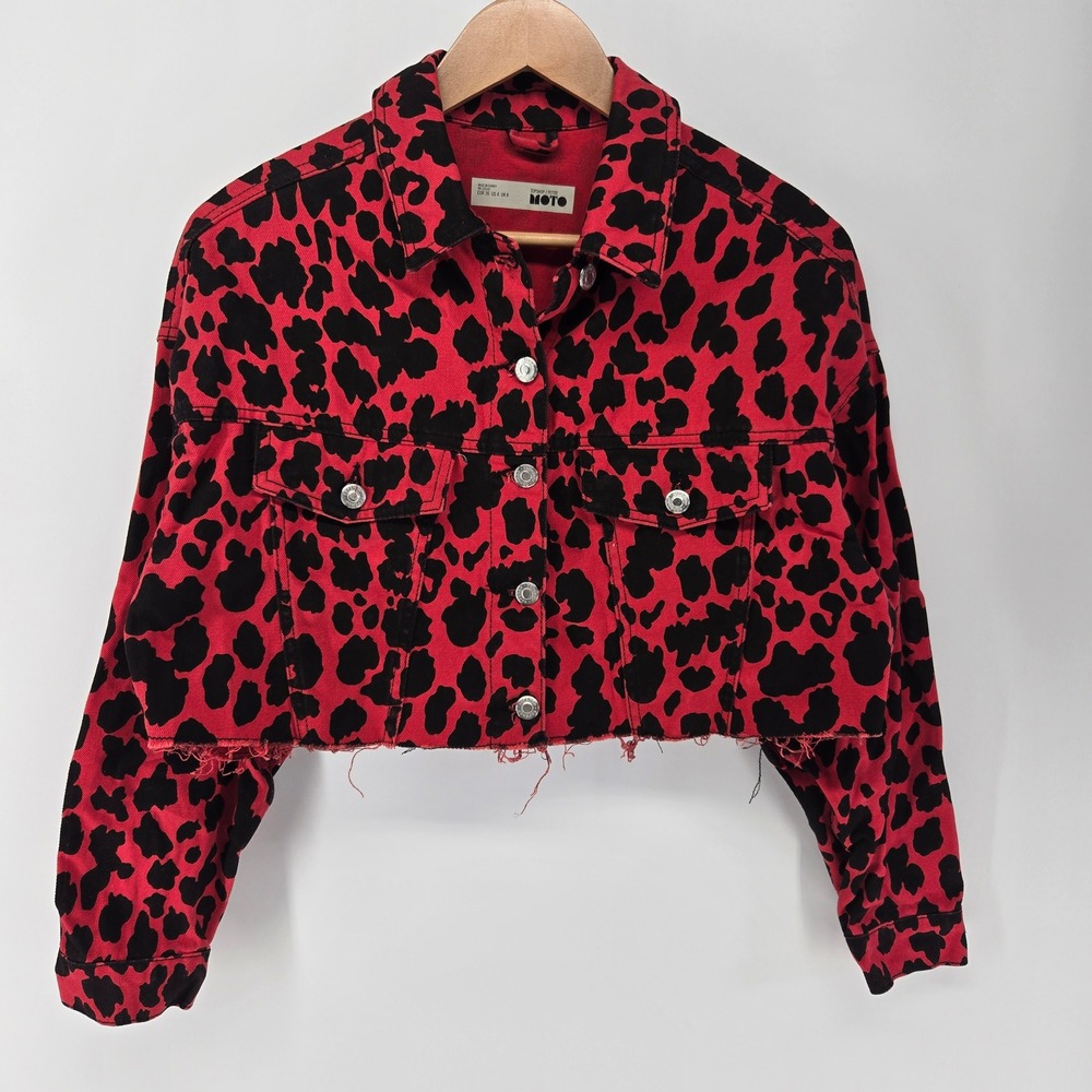 Topshop Moto Jacket Women 4 Red Black Leopard Print Cropped Raw Hem Denim Petite